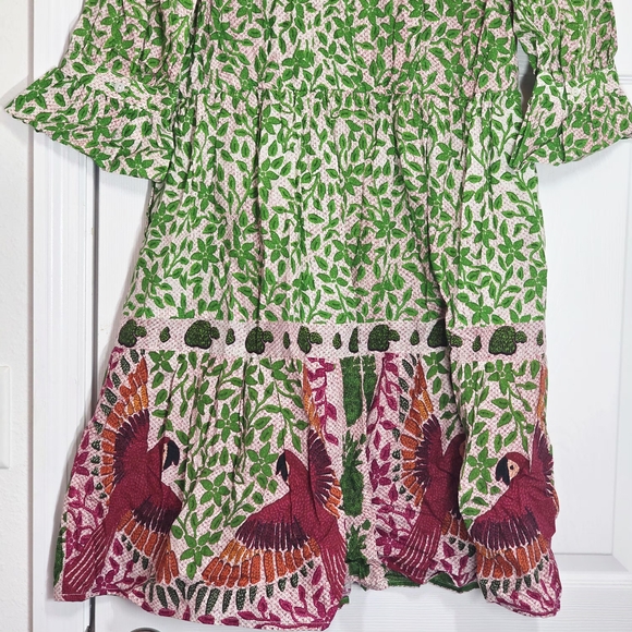 Be Boho Green and Red Bird Parrot Midi Dress Medium - Picture 6 of 6